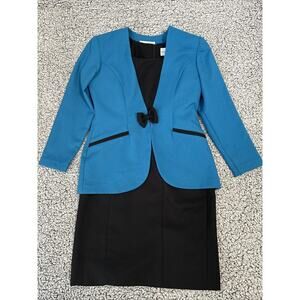 Vintage Bedford Fair Blazer Sheath Dress Set Size 4P Black Turquoise Bow Snap